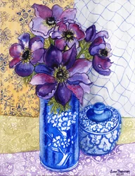 Anémones dans un vase bleu et blanc avec pot et textiles 2012